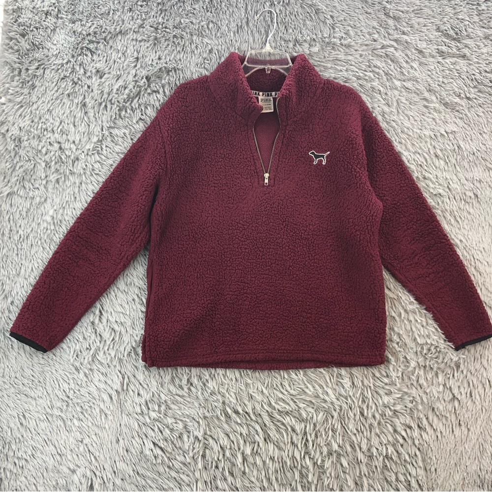 Pink Victorias Secret Pullover Womens Small Quarter Zip Sherpa Dog Logo Pockets